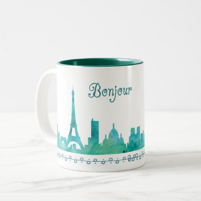 Bonjour Paris Watercolor Silhouette Två-Tonad Mugg (Framsida vänster)