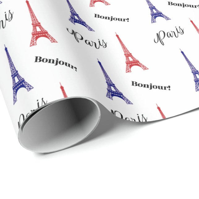 Bonjour Röd Blå Paris Eiffeltornet Presentpapper  (Rullad Hörn)