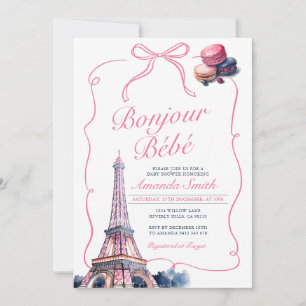 Bonjour Rosa Bow Fransk Parisian Cafe Baby Shower Inbjudningar