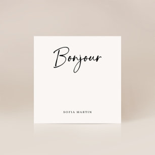 Bonjour   Skript för Fransk av svart och vit Elega Anteckningskort