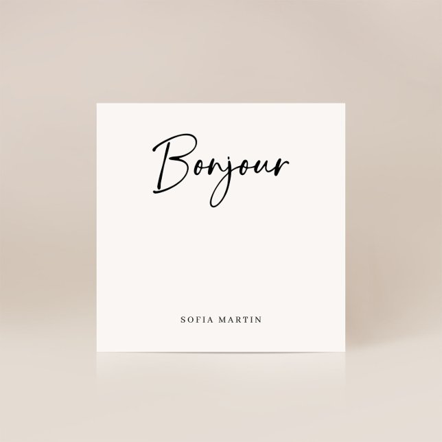 Bonjour | Skript för Fransk av svart och vit Elega Anteckningskort (An elegant French style note card that says "Bonjour" in modern script)