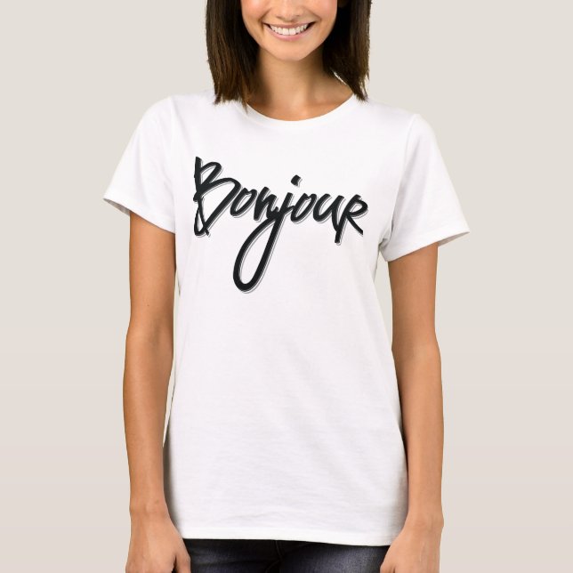 Bonjour-skript (svart dekorativ) t shirt (Framsida)