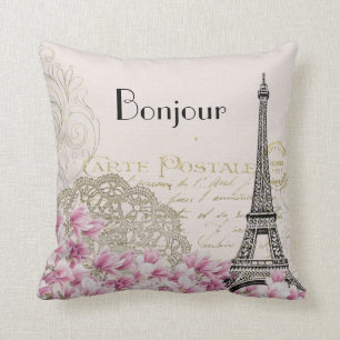 Bonjour Vintage Eiffel Torn Collage with Flowers Kudde