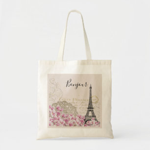 Bonjour Vintage Eiffel Torn Collage with Flowers Tygkasse