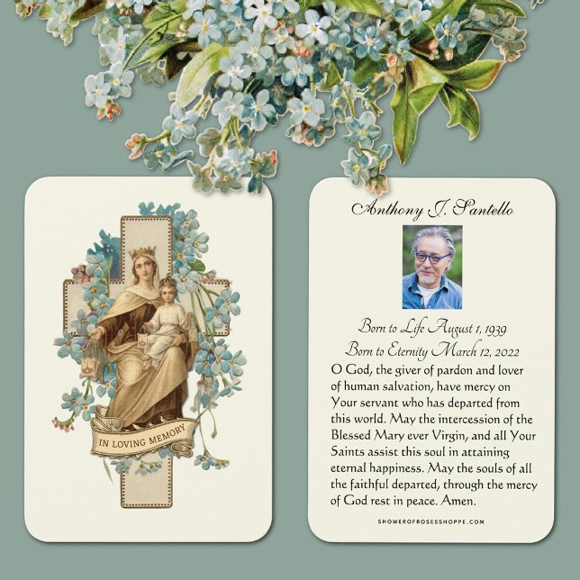 Bönkort för begravningsminnesgudstjänst för Maria  Visitkort (Traditional Catholic Funeral Memorial Prayer Cards)