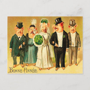 Bonne Année - Bride and Groom with family Vykort