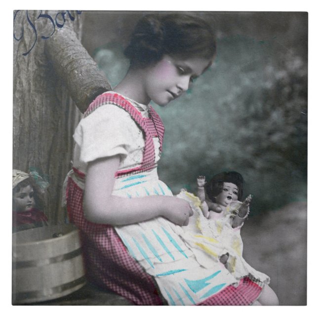 Bonne Année Vintage Girl with Dolll Kakelplatta (Framsidan)