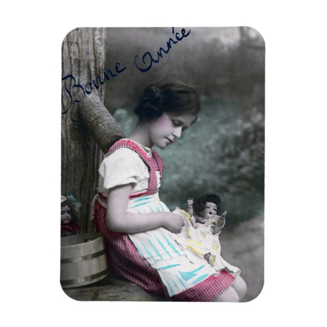 Bonne Année Vintage Girl with Dolll Magnet (Vertikal)