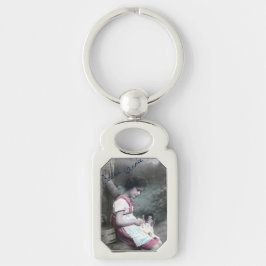Bonne Année Vintage Girl with Dolll Rektangulärt Silverfärgad Nyckelring