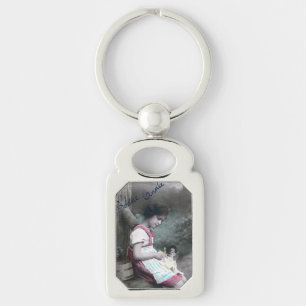 Bonne Année Vintage Girl with Dolll Rektangulärt Silverfärgad Nyckelring