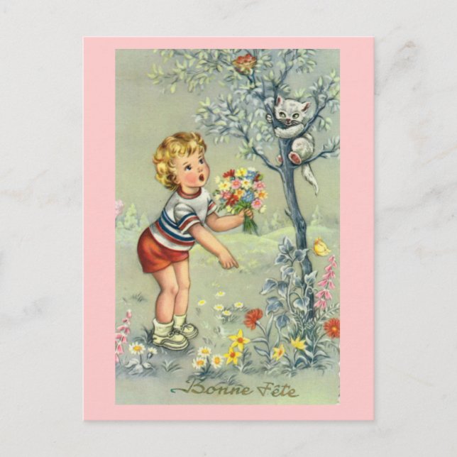 Bonne Fete, Fransk card, Child with blommor Vykort (Framsida)