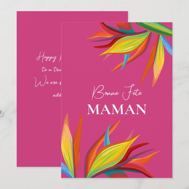 Bonne Fête Maman Tropical Flower Rosa Card Julkort (Fram/baksida)