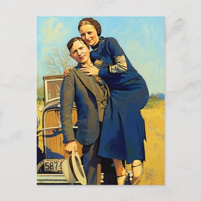 Bonnie Parker Clyde Barrow 1933 Faux Painting Vykort (Framsida)