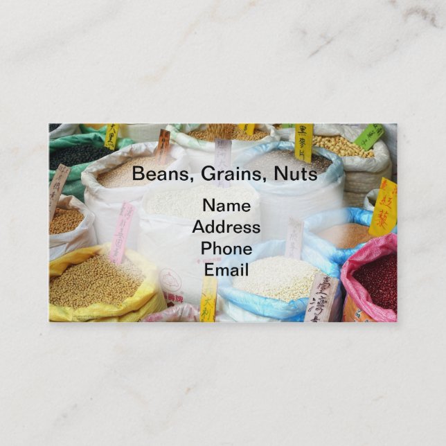 Bönor, korn och tokigt till salu i stora säckar visitkort (Framsida)