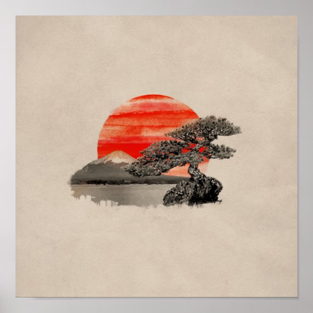 Bonsai Gräs Träd - Fuji Sunset Poster (Framsidan)