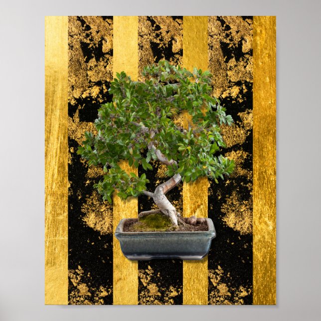 Bonsai Träd Grönt Guld Black Rand Wall Art Art Poster (Framsidan)