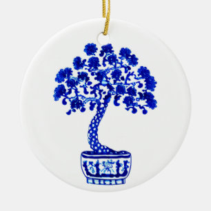 Bonsai Träd i Cobalt Blue och White Julgransprydnad Keramik