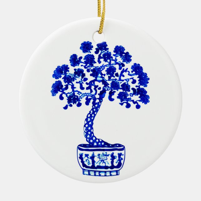Bonsai Träd i Cobalt Blue och White Julgransprydnad Keramik (Framsidan)