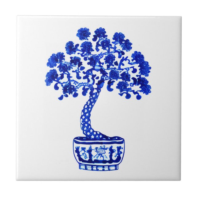 Bonsai Träd i Cobalt Blue och White Kakelplatta (Framsidan)