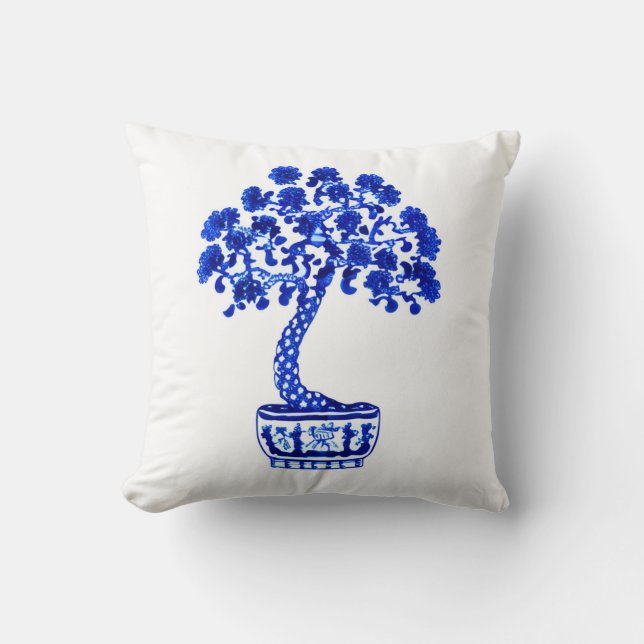 Bonsai Träd i Cobalt Blue och White Kudde (Framsida)