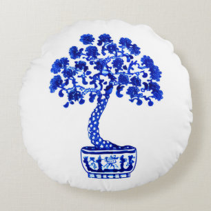 Bonsai Träd i Cobalt Blue och White Rund Kudde