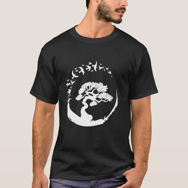 Bonsai Träd japansk Enso Circle Birds T Shirt (Framsida)