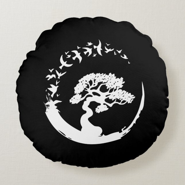 bonsai träd japansk enso cirkelfåglar långärmad rund kudde (Framsidan)