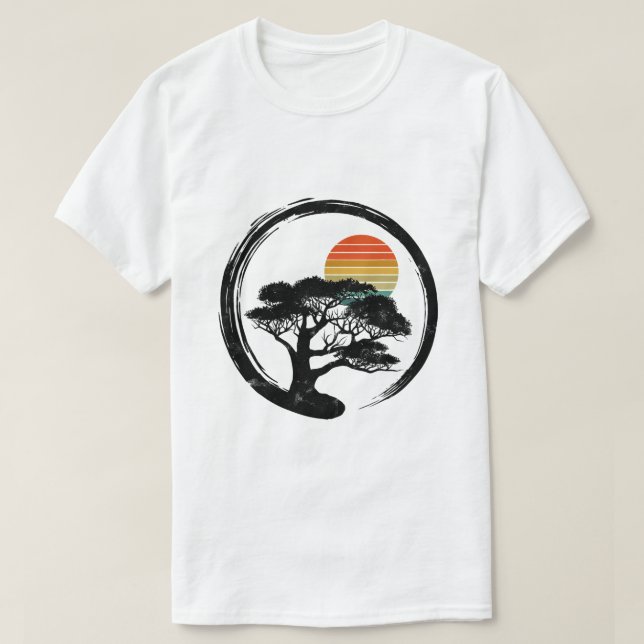Bonsai Träd japansk Sol Retro Gift Buddhist T Shirt (Design framsida)