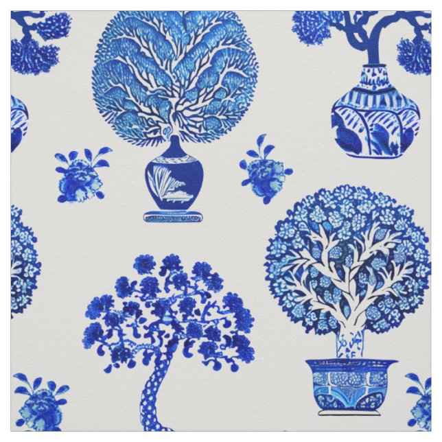 Bonsai Träd Mönster i Cobalt Blue och White Tyg (Provkarta)