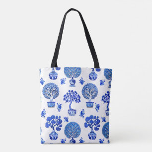 Bonsai Träd Mönster i Cobalt Blue och White Tygkasse
