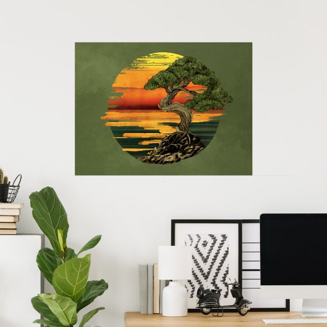 Bonsai Träd Sunset över havet Poster (Hemmakontoret)