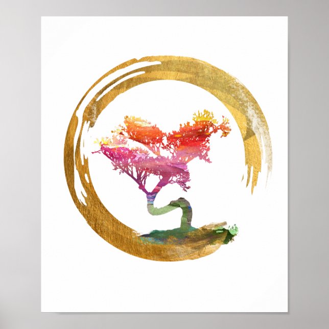 Bonsai Träd. Zen Enso Circle. Vattenfärgskonst Poster (Framsidan)