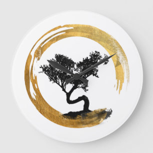 Bonsai Träd. Zen Enso Circle. Vattenfärgskonst Stor Klocka