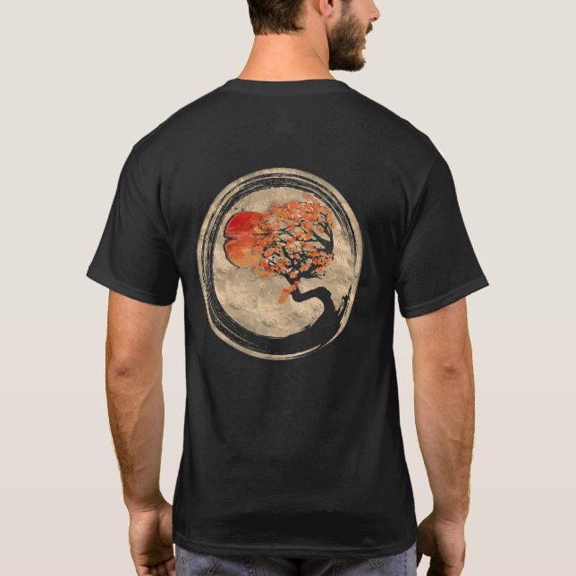 Bonsai Zen Buddhist Enso Circle Träd på japanska T Shirt (Baksida)