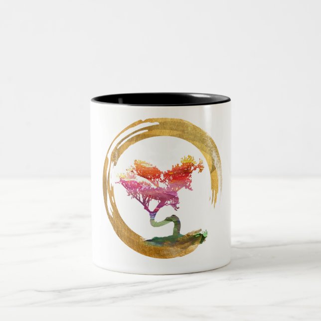 Bonsaiträd. Zenen Enso cirklar. Vattenfärgkonst Två-Tonad Mugg (Center)