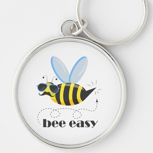 Bönskaraktär med mustasslor Bee Easy Rund Silverfärgad Nyckelring (Framsidan)