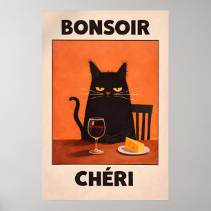 Bonsoir Chéri Svart Katt Affisch, Fransk Vin Ost Poster
