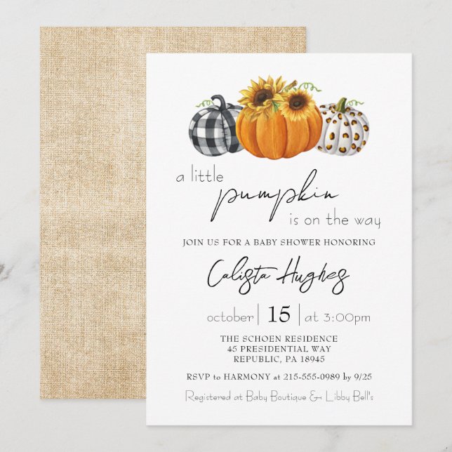 Bonumn Little Pumpkin Solros Rustic Baby Shower Inbjudningar (Fram/baksida)