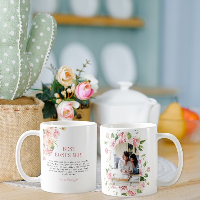 "Bonus Mamma" Steg Mamma | Blommigt Arch Photo Kaffemugg (Skapare uppladdad)