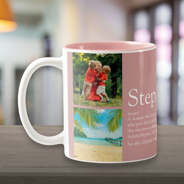 Bonus Mamma, Styvmoder Definition 4 Foto Collage R Två-Tonad Mugg (Bonus Mom, Stepmom Definition 4 Photo Collage Pink Two-Tone Coffee Mug)