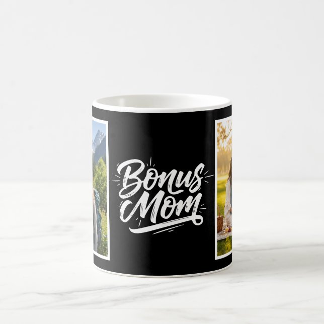 Bonus Mom Brush Script Two Photo Black and White Kaffemugg (Center)