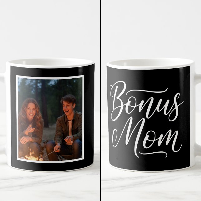 Bonus Mom Elegant Cursive 1 Custom Photo Black Kaffemugg (Skapare uppladdad)