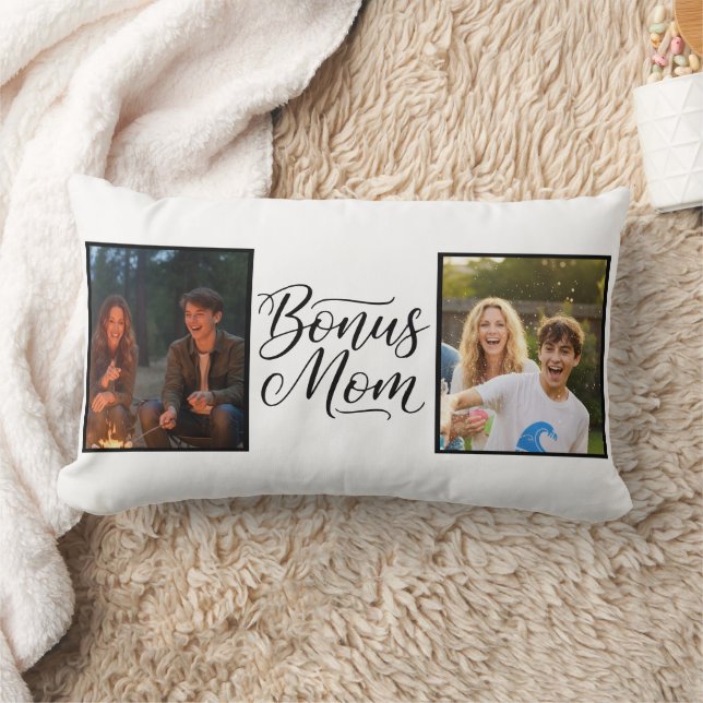 Bonus Mom Elegant Cursive Two Photo Lumbarkudde (Filt)