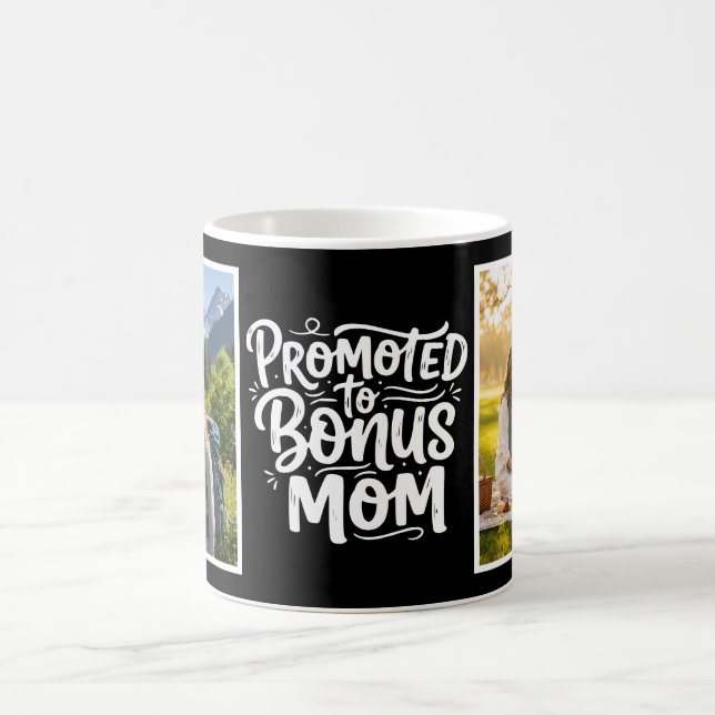 Bonus Mom Promoted Brush Script Two Photo Black Kaffemugg (Center)