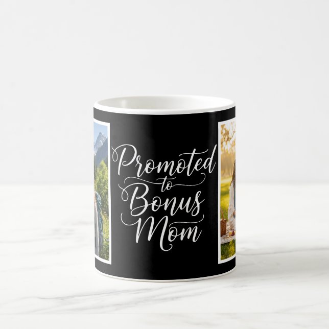 Bonus Mom Promoted Elegant Cursive Two Photo Black Kaffemugg (Center)
