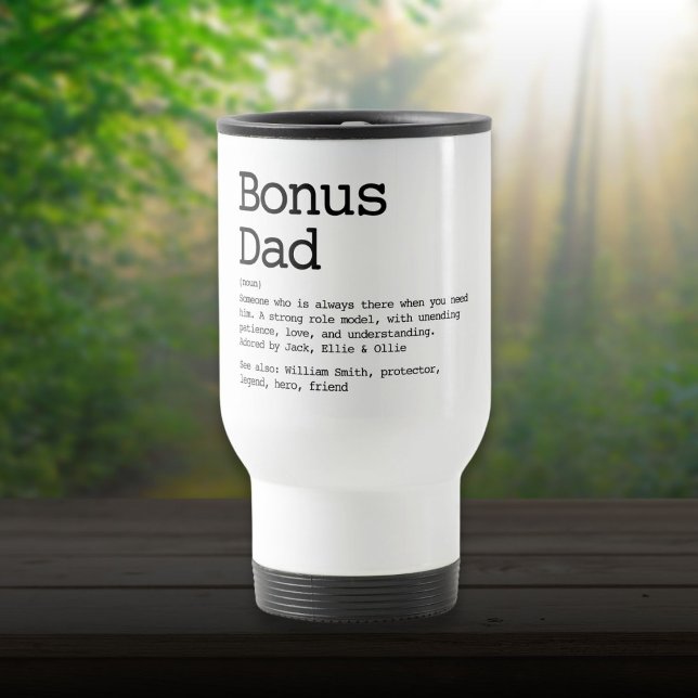 Bonus Pappa Styvpappa Definition Svart Och Vit Resemugg (Bonus Dad Stepdad Definition Black And White Travel Mug)