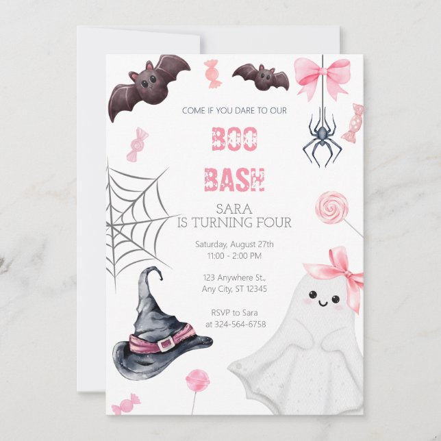Boo Bash Rosa Halloween Birthday for Girls Inbjudningar (Framsida)