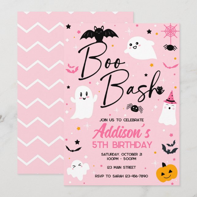 Boo Bash Rosa Halloween Ghost Birthday-inbjudan Inbjudningar (Fram/baksida)