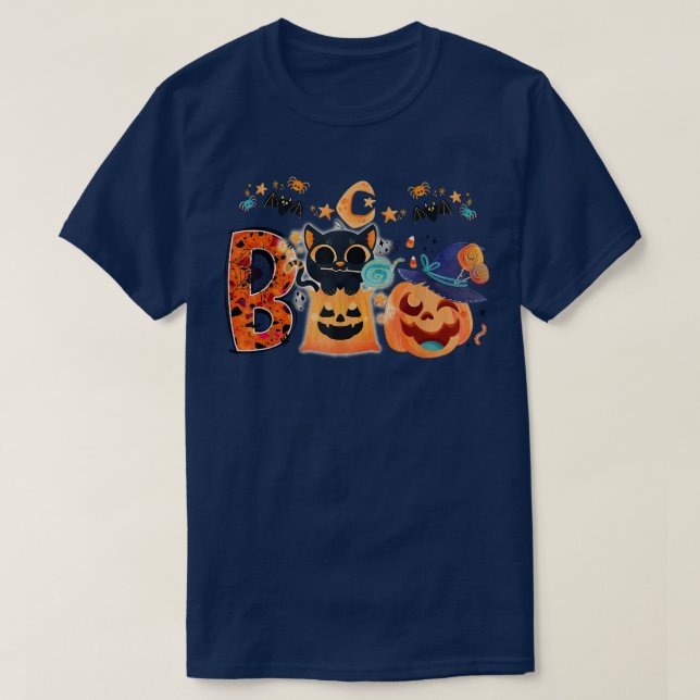 Boo Black Cat Halloween Pumpkin Witch Hat Kittens T Shirt (Design framsida)