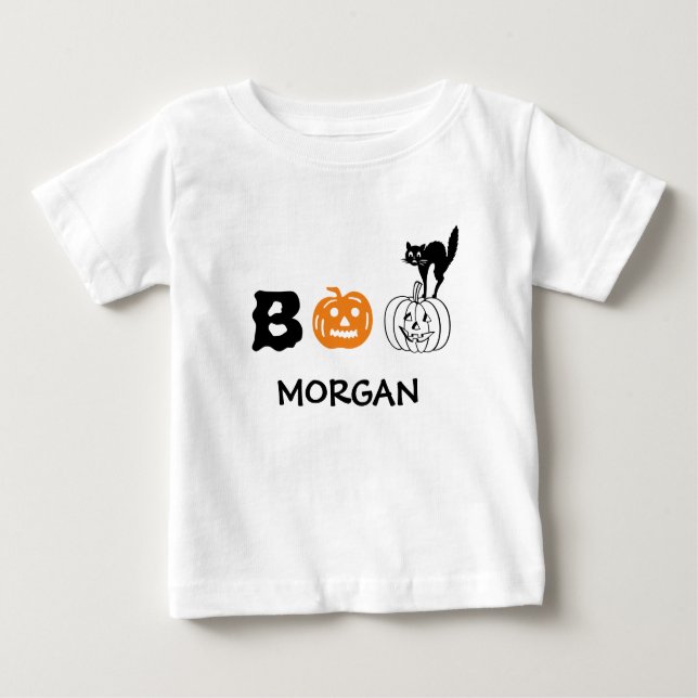 Boo Black cat orange pumpkin-eget namn Halloween T Shirt (Framsida)